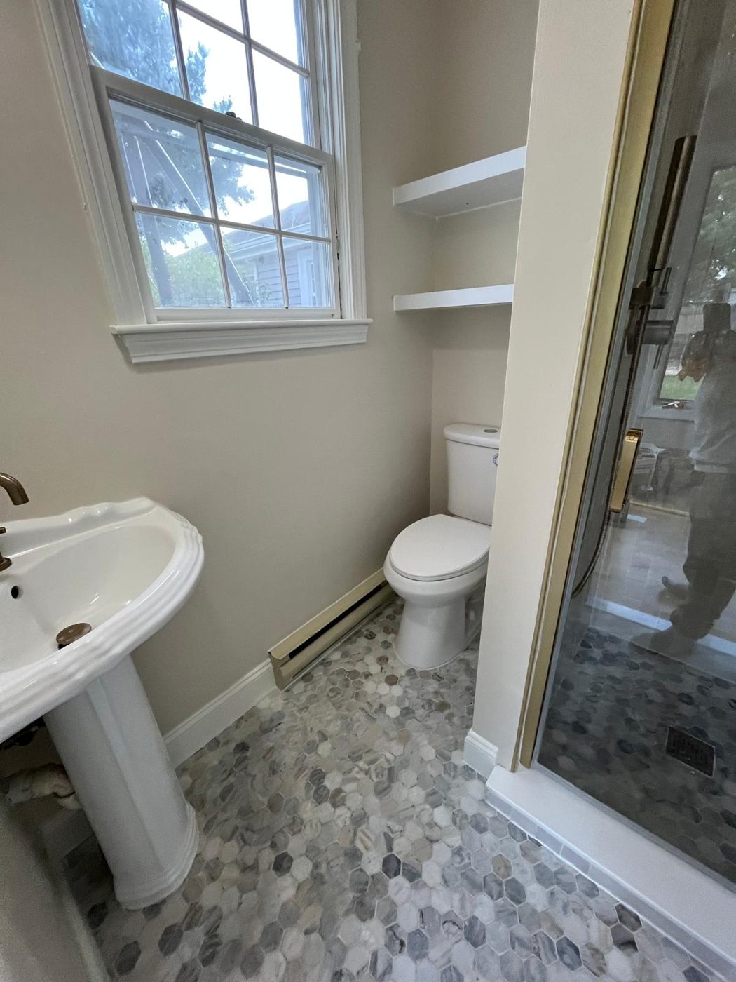 Newly installed white deck and staircase entry